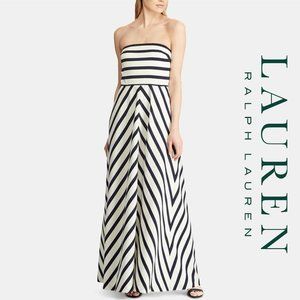 LAUREN RALPH LAUREN Striped Strapless Maxi Empire Waist Gown (Ivory/Navy)